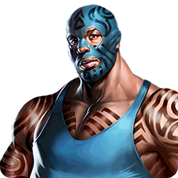 Alfredo — boss character portrait: a heavyweight wrestler in a blue mask with tattooed arms