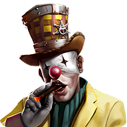 Smith — boss character portrait: a grinning clown in a battered top hat, cigar in hand