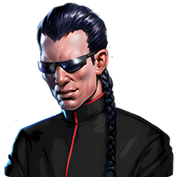 Zhang Wu — boss character portrait: a long-braided figure in black wearing dark visor glasses